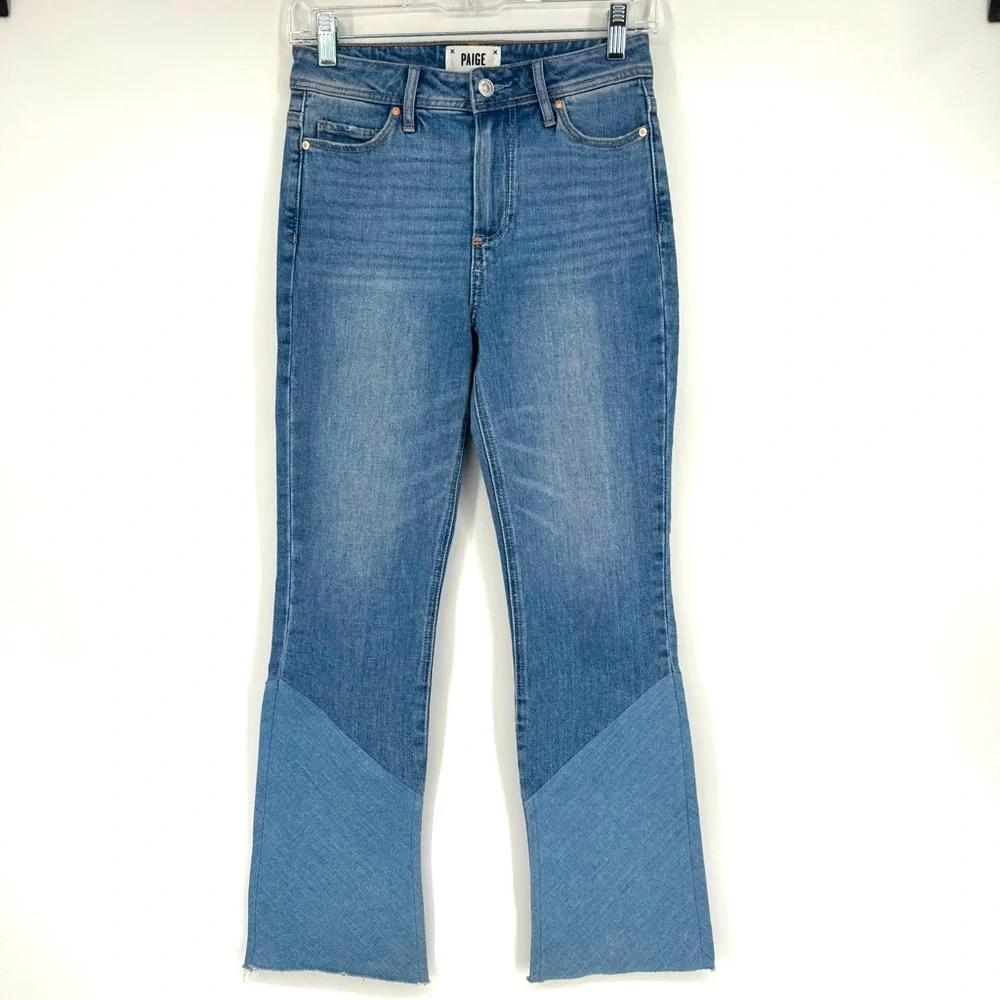PAIGE Denim Colette Crop Flare Twisted Panel Raw Hem Jeans Size 24 - Picture 3 of 13